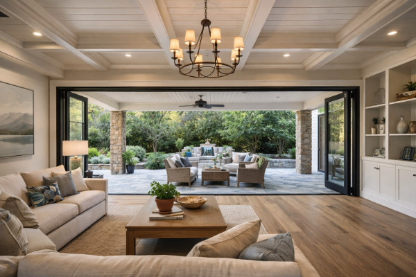 Indoor living area opening to outdoor patio