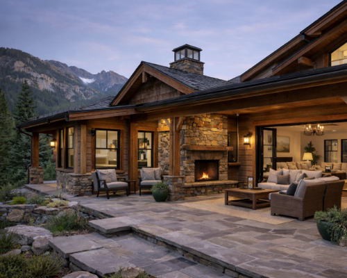Coordinated colors, stone, and wood used inside and outside a home