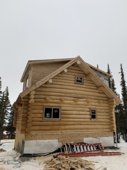 Log cabin under construction beside orange ladders and wood pile