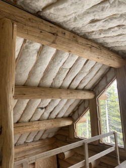 Vaulted ceiling framework with exposed insulation in partially-finished log cabin