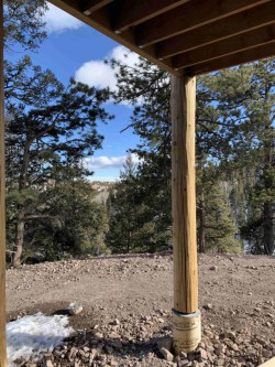 Forest view from open space beneath wooden porch